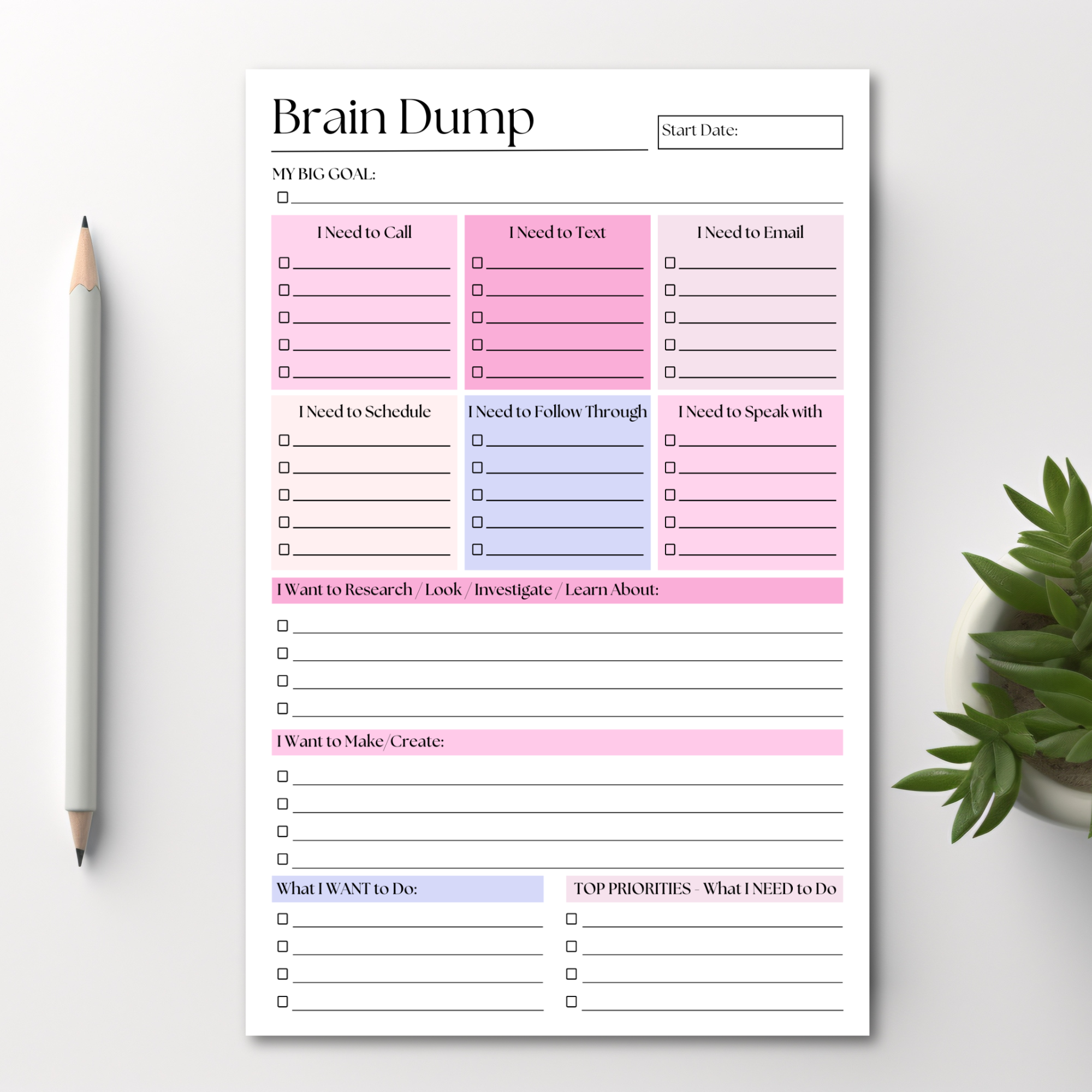 Eleventh and Taylor - Brain Dump Notepad: Pink 50-Page Daily ADHD Planner